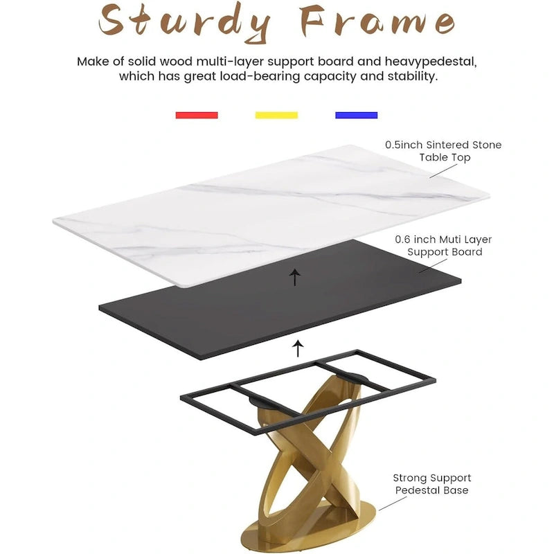 70 White Sintered Stone Dining Table with Stainless Steel Gold Pedestal
