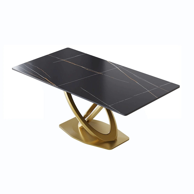 70 White Sintered Stone Dining Table with Stainless Steel Gold Pedestal