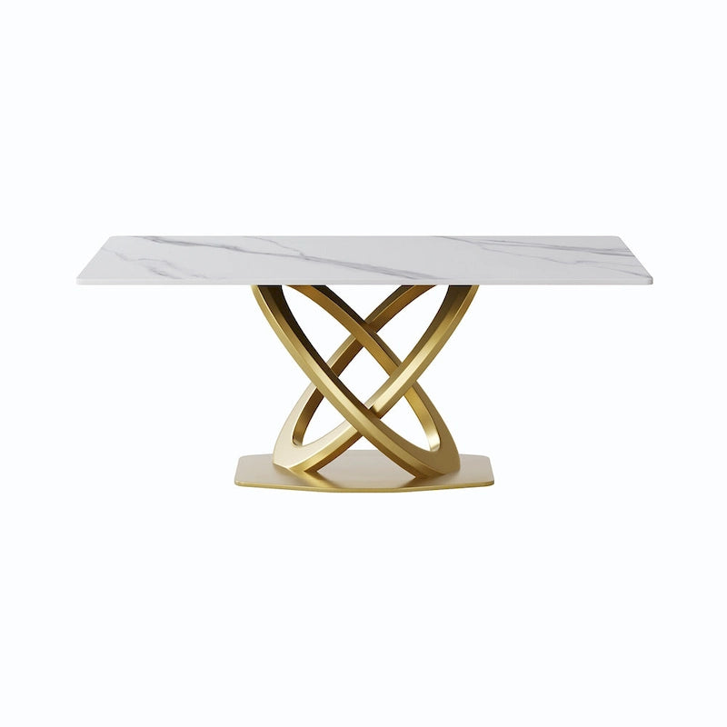 70 White Sintered Stone Dining Table with Stainless Steel Gold Pedestal