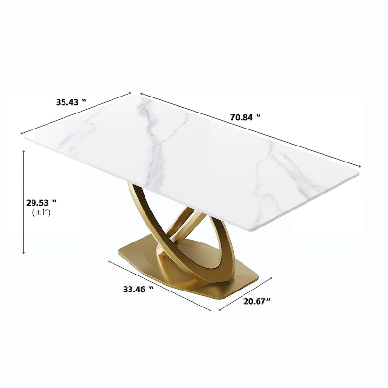 70 White Sintered Stone Dining Table with Stainless Steel Gold Pedestal