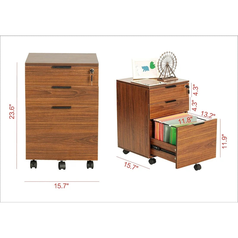 JJS 3 Drawer Rolling File Cabinet Wooden Storage with Lock & Wheels