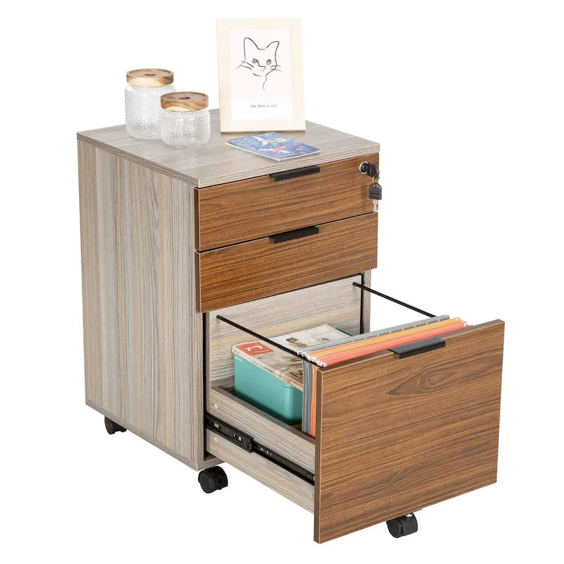 JJS 3 Drawer Rolling File Cabinet Wooden Storage with Lock & Wheels