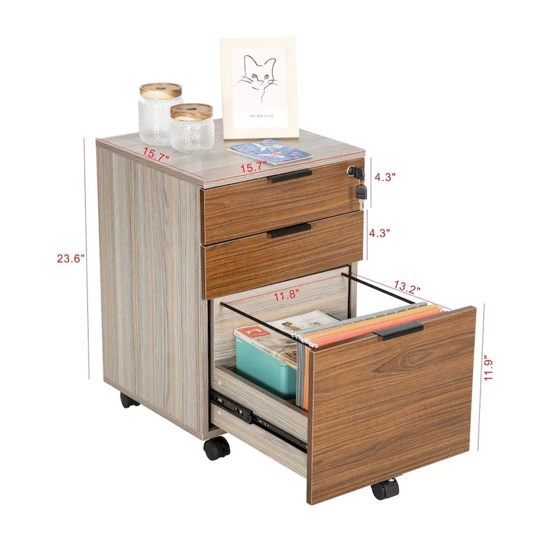 JJS 3 Drawer Rolling File Cabinet Wooden Storage with Lock & Wheels