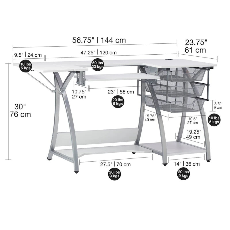 Sewing & Craft Table - White/Grey - With Storage