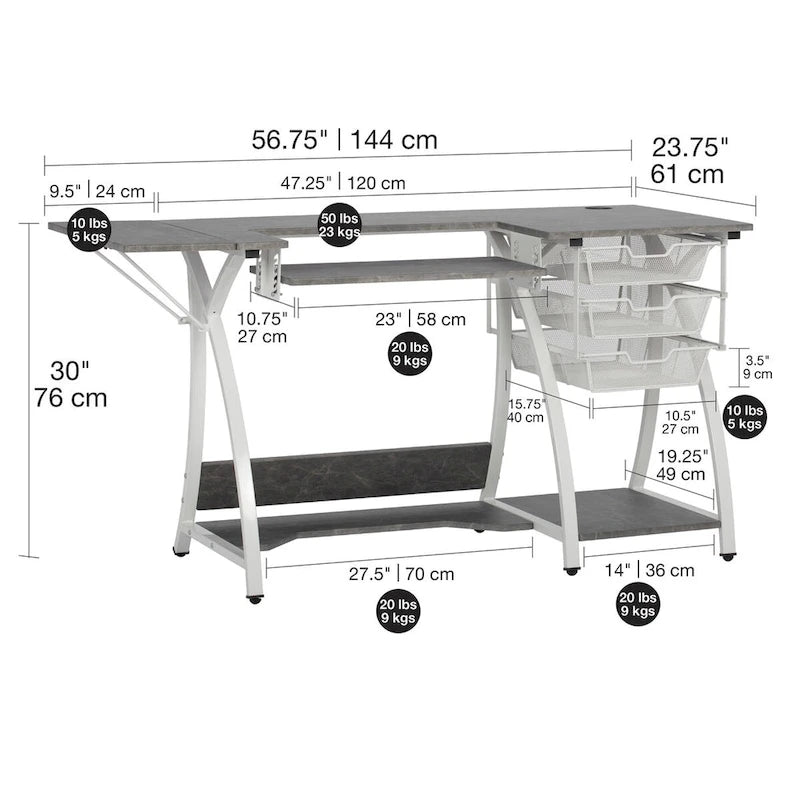 Sewing & Craft Table - White/Grey - With Storage