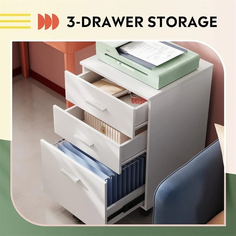 3 Drawer Wood Mobile File Cabinet