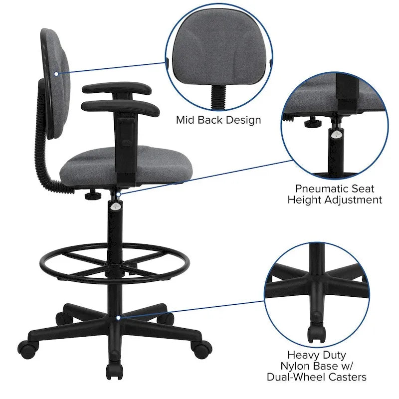Fabric Drafting Chair with Arms (Cylinders: 22.5-27H or 26-30.5H)