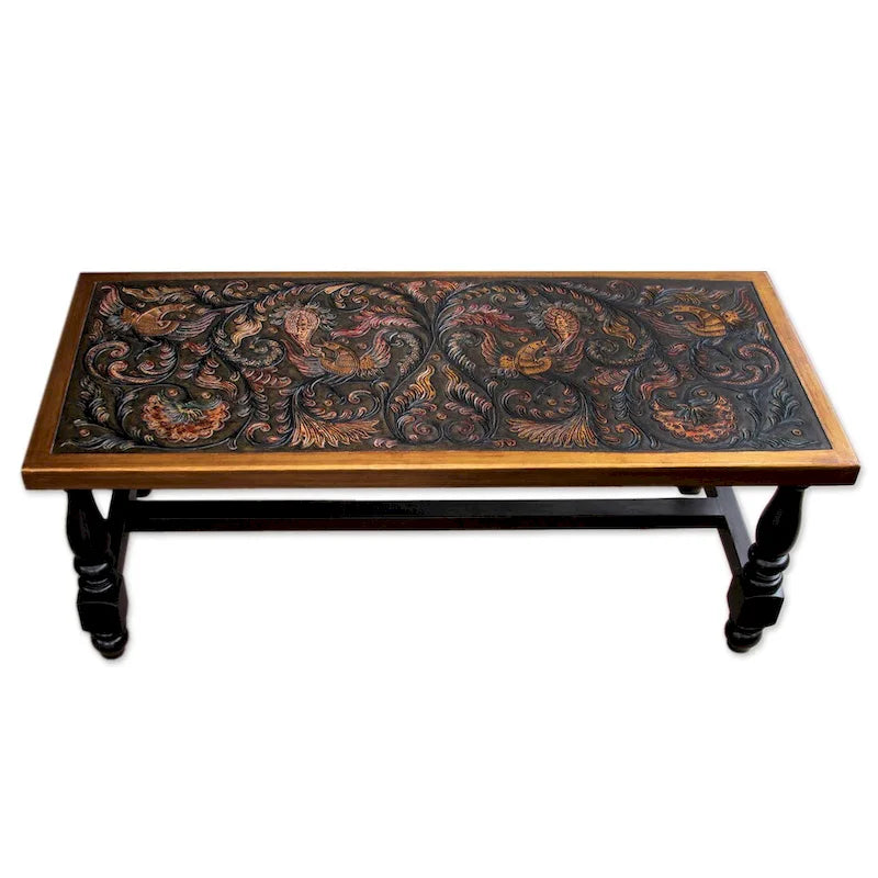 Handmade Andean Birds Hand Tooled Leather Brown Mohena Wood Coffee Table (Peru) - 18 H x 47 W x 19.75 D