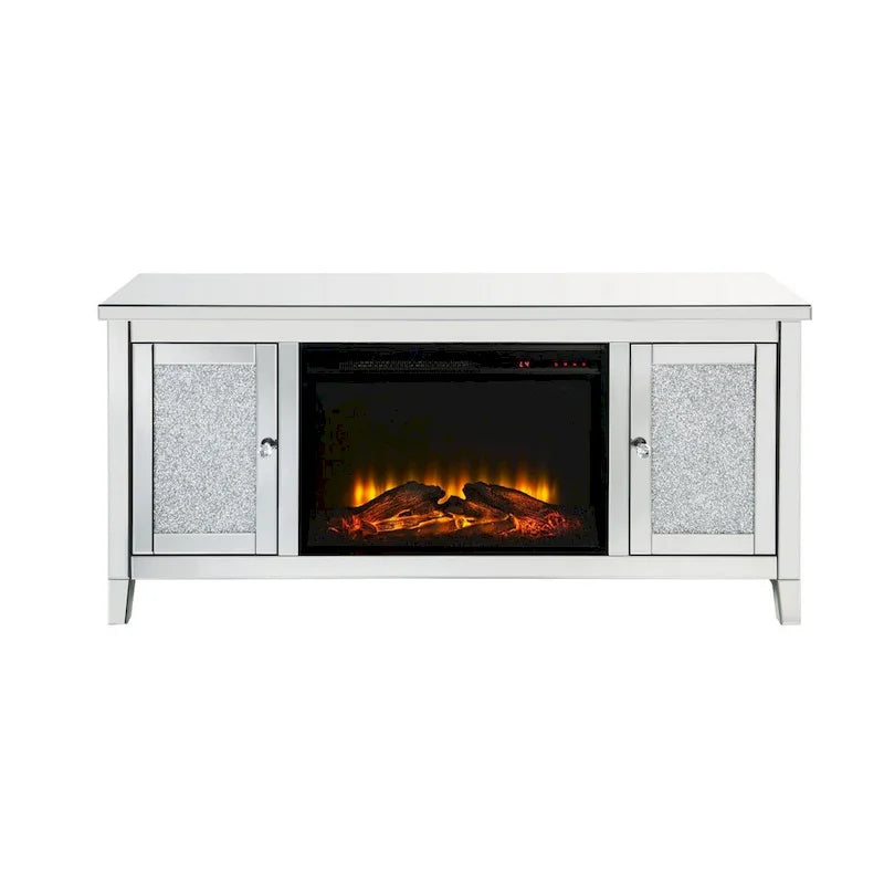 TV Stand with Electric Fireplace and Mirror Panel Framing, Silver