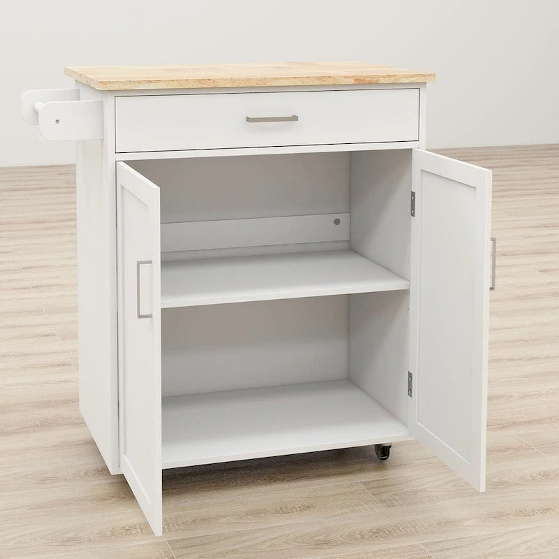 Rolling Kitchen Island with Rubber Wood Top, 33-inch White Storage Trolley Cart with 1 Drawer, Adjustable Shelves & Towel Rack