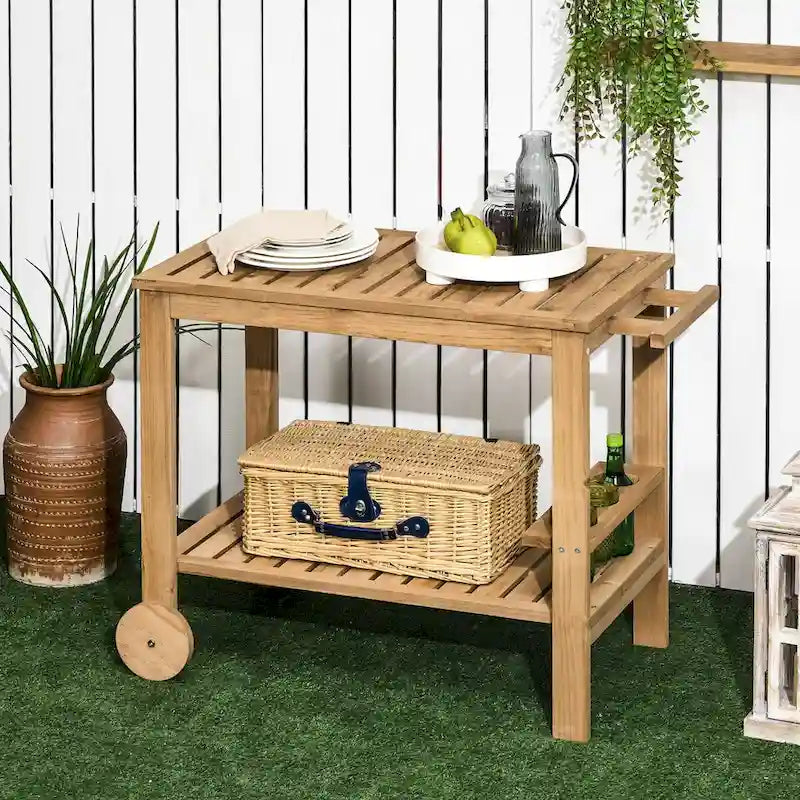 Outdoor Bar Cart, Wood Rolling Home Bar & Serving Cart with 2 Shelves