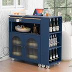 Rolling Kitchen Island on Wheels With Extended Table,LED Lights,Power Outlets and 2 Fluted Glass Doors