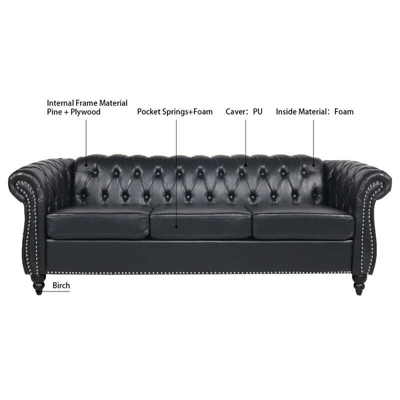 GEITIN 84.65 PU Rolled Arm Chesterfield 3 Seater Sofa