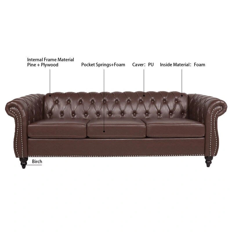 GEITIN 84.65 PU Rolled Arm Chesterfield 3 Seater Sofa