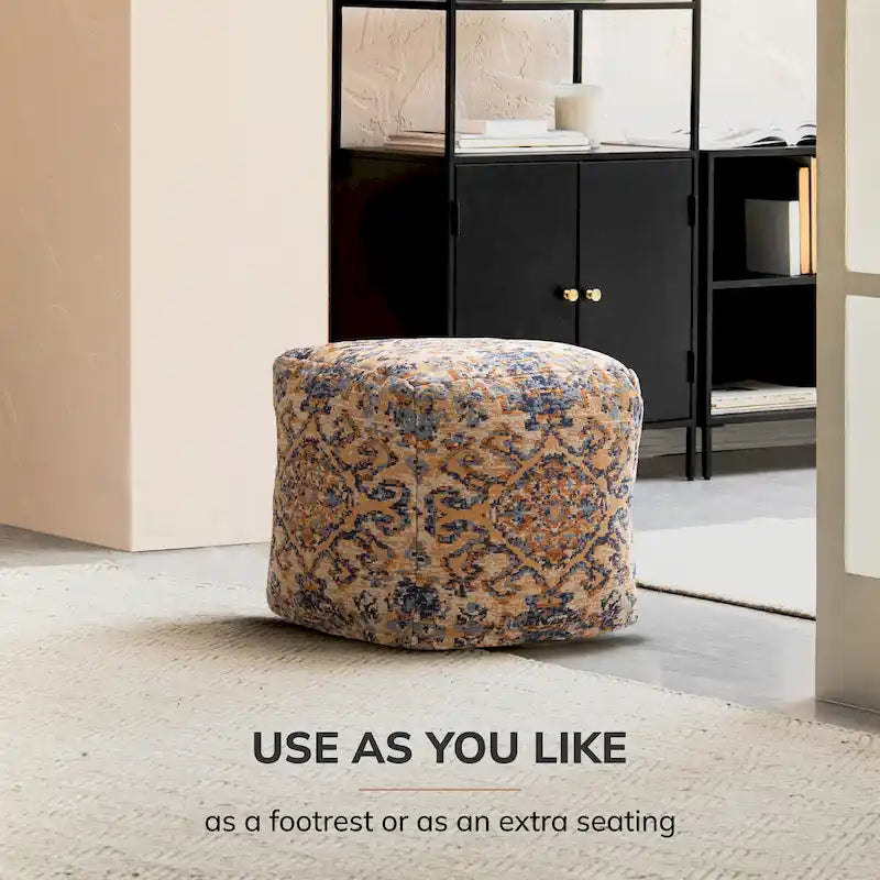 Jani Tofino 20-inch Multicolor Square Orange Pouf Ottoman - Handmade Footrest for Living Room, Bedroom, Patio