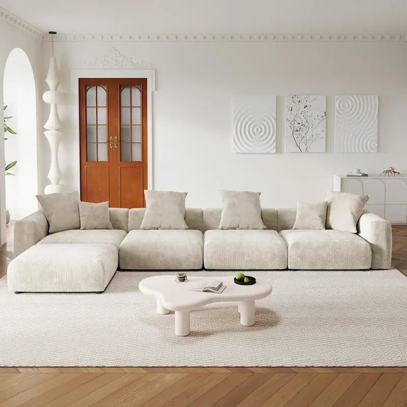 L-Shaped Couch Corduroy Sofa 5-seat Modular Large Sectional Couch with Ottoman for Living Room