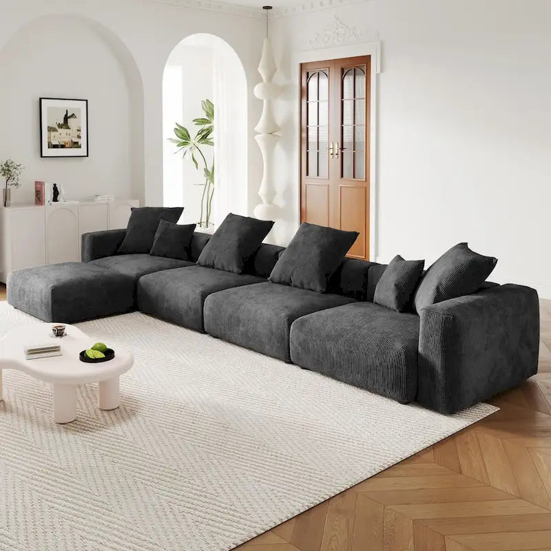 L-Shaped Couch Corduroy Sofa 5-seat Modular Large Sectional Couch with Ottoman for Living Room