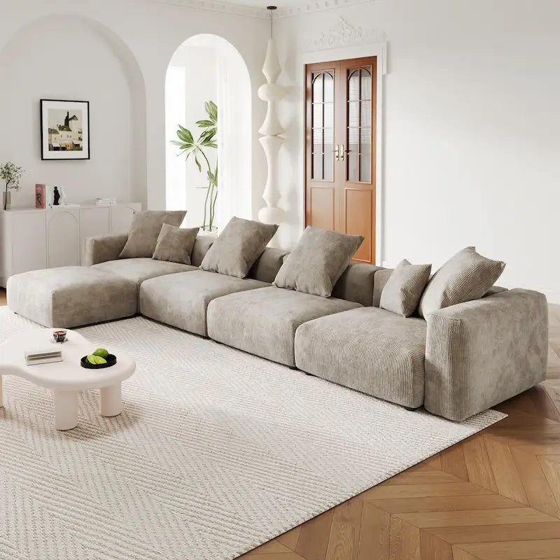 L-Shaped Couch Corduroy Sofa 5-seat Modular Large Sectional Couch with Ottoman for Living Room