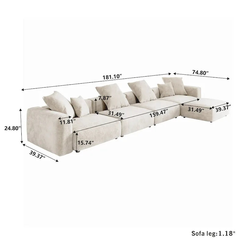 L-Shaped Couch Corduroy Sofa 5-seat Modular Large Sectional Couch with Ottoman for Living Room
