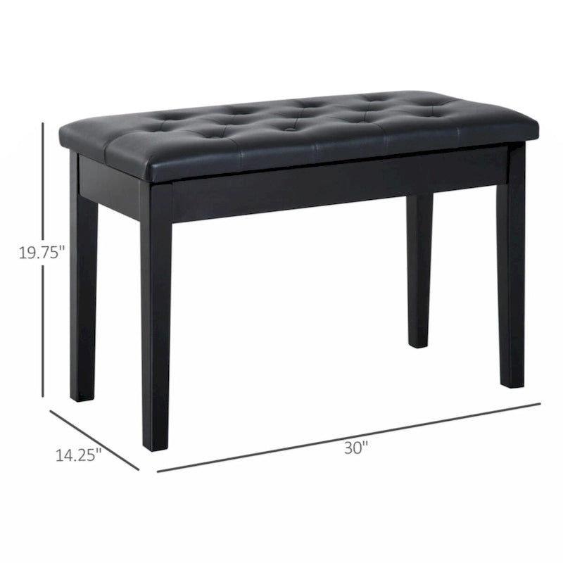 Duet Piano Chair with Faux Leather Padded Cushion and Wooden Frame, Button Tufted Keyboard Bench, Black