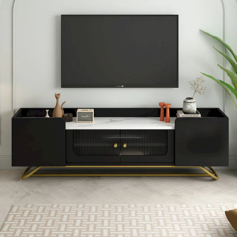TV Stand with Fluted Glass,Entertainment Center for TVs Up to 70,Faux Marble Top TV Console Table with Gold Frame Base