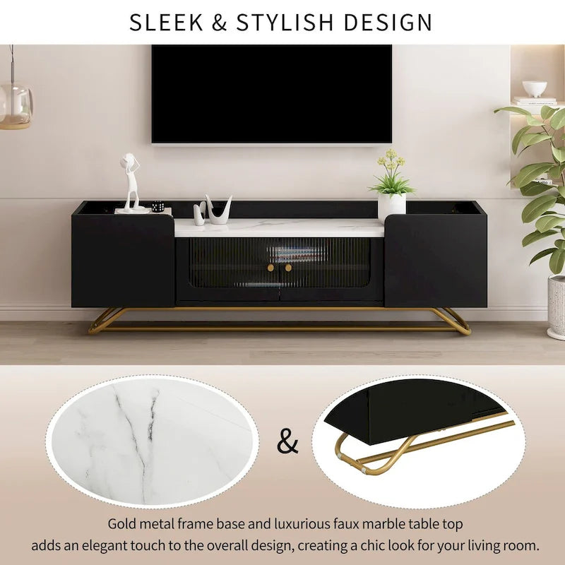 TV Stand with Fluted Glass,Entertainment Center for TVs Up to 70,Faux Marble Top TV Console Table with Gold Frame Base