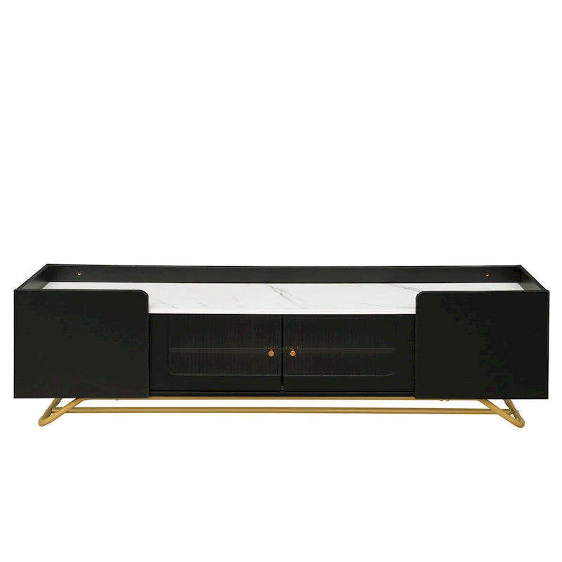 TV Stand with Fluted Glass,Entertainment Center for TVs Up to 70,Faux Marble Top TV Console Table with Gold Frame Base