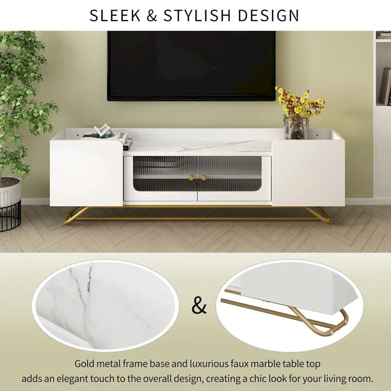 TV Stand with Fluted Glass,Entertainment Center for TVs Up to 70,Faux Marble Top TV Console Table with Gold Frame Base