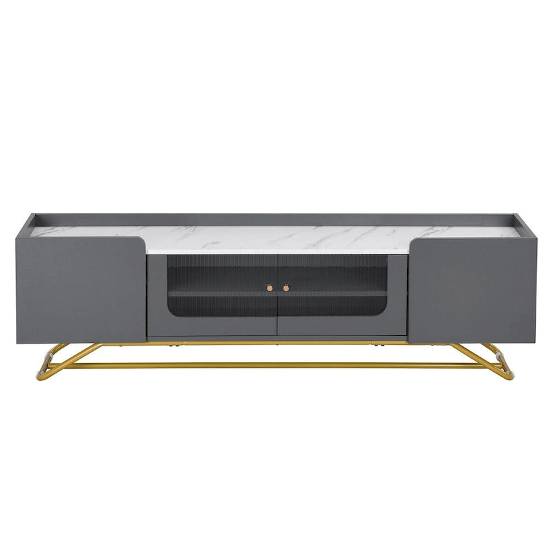 TV Stand with Fluted Glass,Entertainment Center for TVs Up to 70,Faux Marble Top TV Console Table with Gold Frame Base