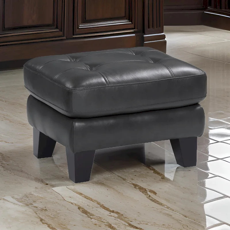 Sofy 27 Inch Ottoman, Dark Gray Top Grain and Faux Leather, Solid Wood