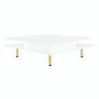 High Gloss Coffee Table: 4 Golden Legs, 2 Drawers, 2-Tier Square Design