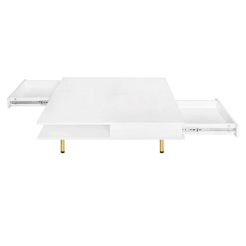 High Gloss Coffee Table: 4 Golden Legs, 2 Drawers, 2-Tier Square Design