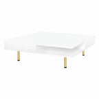 High Gloss Coffee Table: 4 Golden Legs, 2 Drawers, 2-Tier Square Design
