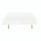 High Gloss Coffee Table: 4 Golden Legs, 2 Drawers, 2-Tier Square Design