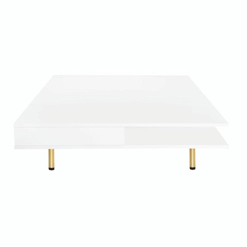 High Gloss Coffee Table: 4 Golden Legs, 2 Drawers, 2-Tier Square Design