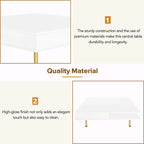 High Gloss Coffee Table: 4 Golden Legs, 2 Drawers, 2-Tier Square Design