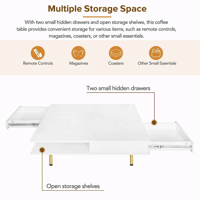 High Gloss Coffee Table: 4 Golden Legs, 2 Drawers, 2-Tier Square Design