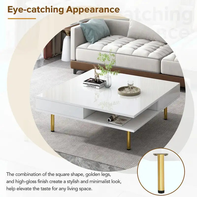 High Gloss Coffee Table: 4 Golden Legs, 2 Drawers, 2-Tier Square Design