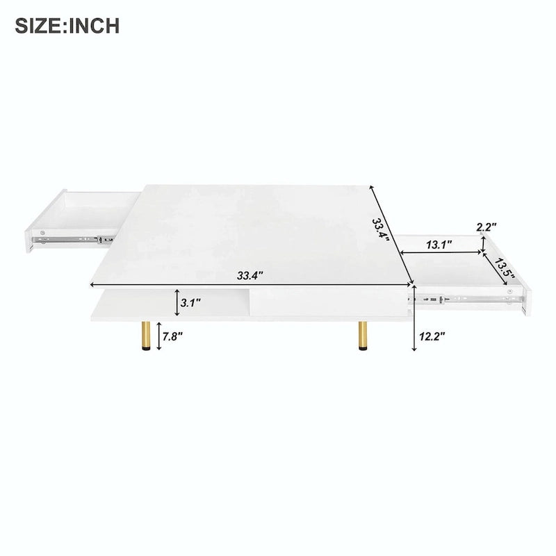 High Gloss Coffee Table: 4 Golden Legs, 2 Drawers, 2-Tier Square Design