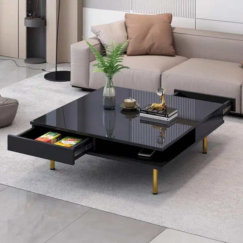 High Gloss Coffee Table: 4 Golden Legs, 2 Drawers, 2-Tier Square Design