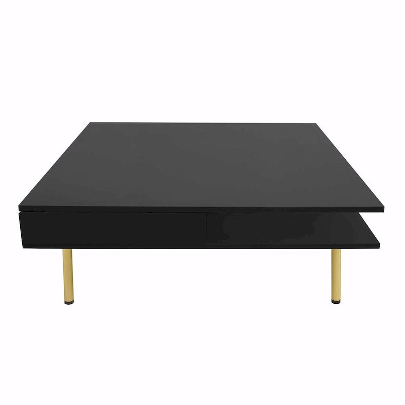High Gloss Coffee Table: 4 Golden Legs, 2 Drawers, 2-Tier Square Design