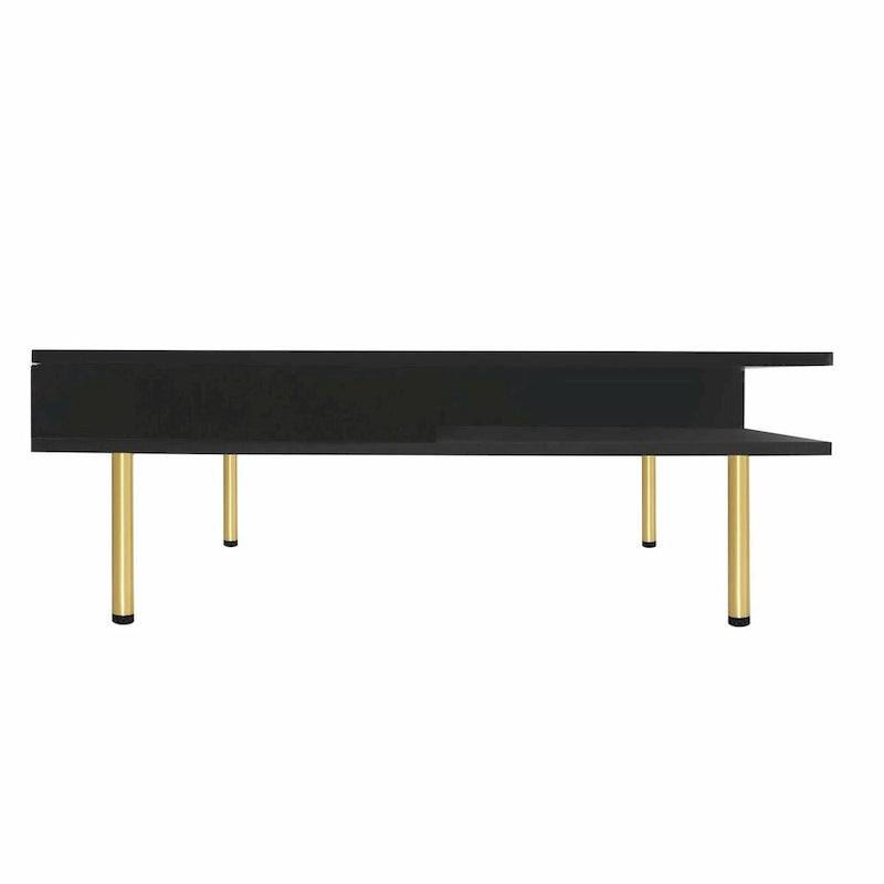 High Gloss Coffee Table: 4 Golden Legs, 2 Drawers, 2-Tier Square Design