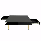 High Gloss Coffee Table: 4 Golden Legs, 2 Drawers, 2-Tier Square Design