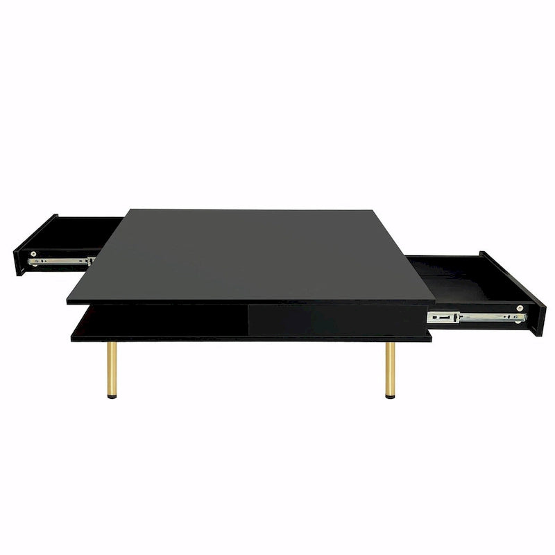 High Gloss Coffee Table: 4 Golden Legs, 2 Drawers, 2-Tier Square Design