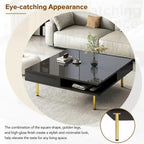 High Gloss Coffee Table: 4 Golden Legs, 2 Drawers, 2-Tier Square Design