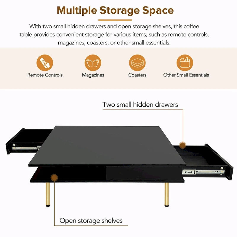 High Gloss Coffee Table: 4 Golden Legs, 2 Drawers, 2-Tier Square Design