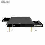 High Gloss Coffee Table: 4 Golden Legs, 2 Drawers, 2-Tier Square Design