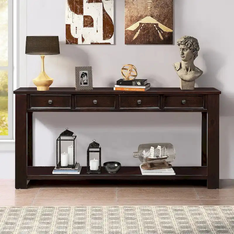 63 Pine Wood Console Table with 4 Drawers and 1 Bottom Shelf