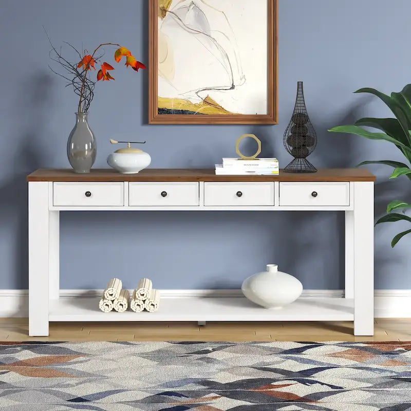 63 Pine Wood Console Table with 4 Drawers and 1 Bottom Shelf