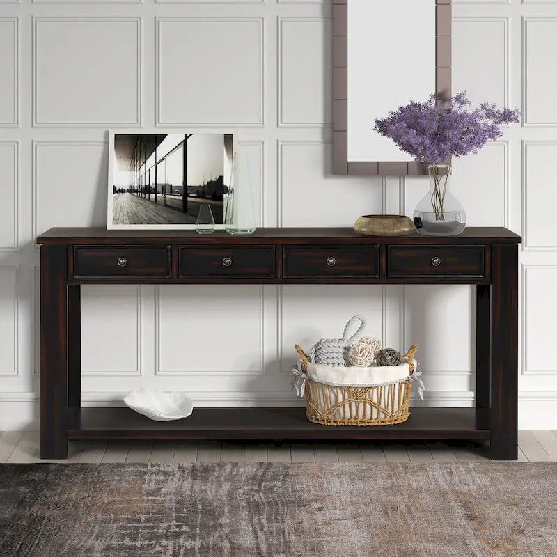 63 Pine Wood Console Table with 4 Drawers and 1 Bottom Shelf